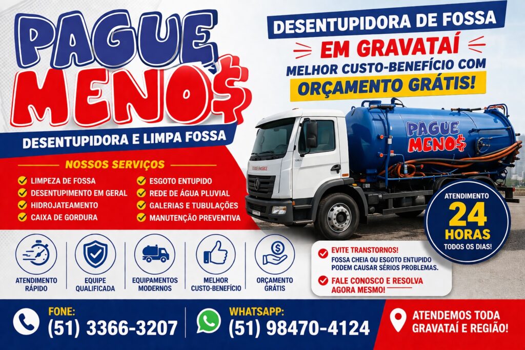 Desentupidora de fossa em Gravataí com orçamento grátis, atendimento rápido e melhor custo-benefício. Ligue agora e resolva seu problema!