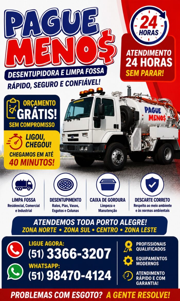 Limpa fossa 24 horas em Porto Alegre zona norte sul centro e leste com orçamento grátis e atendimento rápido em até 40 minutos.