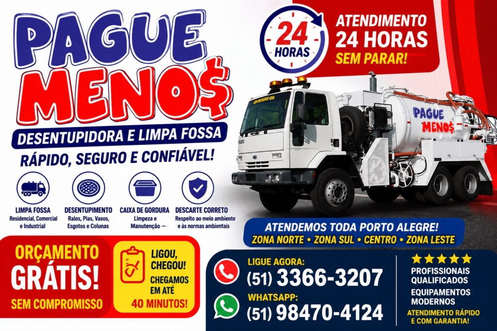Limpa fossa 24 horas em Porto Alegre zona norte sul centro e leste com orçamento grátis e atendimento rápido em até 40 minutos.